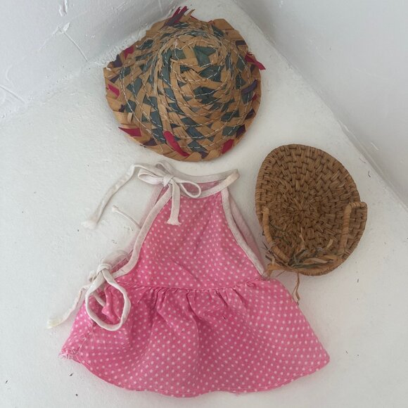 Vintage Doll Outfit Pink White Polka Dot Sundress w/ Farmer Hat & Garden Basket - Picture 1 of 5